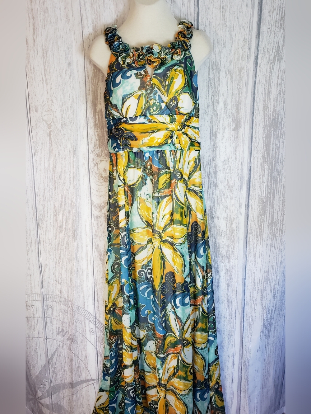 Sangria lined colorful floral chiffon maxi dress gathered Neckline, Waist Medium
